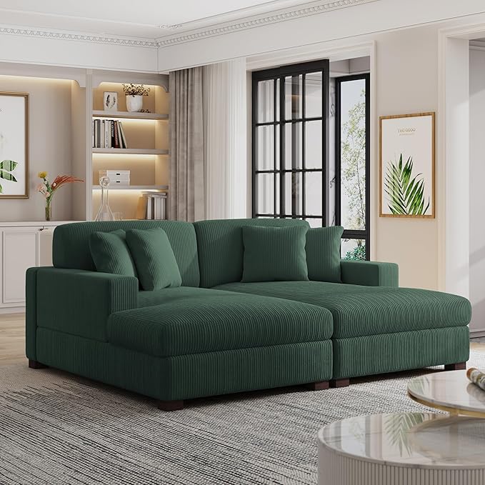 82.6 W Oversized Double Chaise Lounge Sofa Couch Comfy Corduroy Sleeper Sofa Bed with Deep Seat Modern Upholstered Cloud Couch with Pillows for Living Room Hunter Green