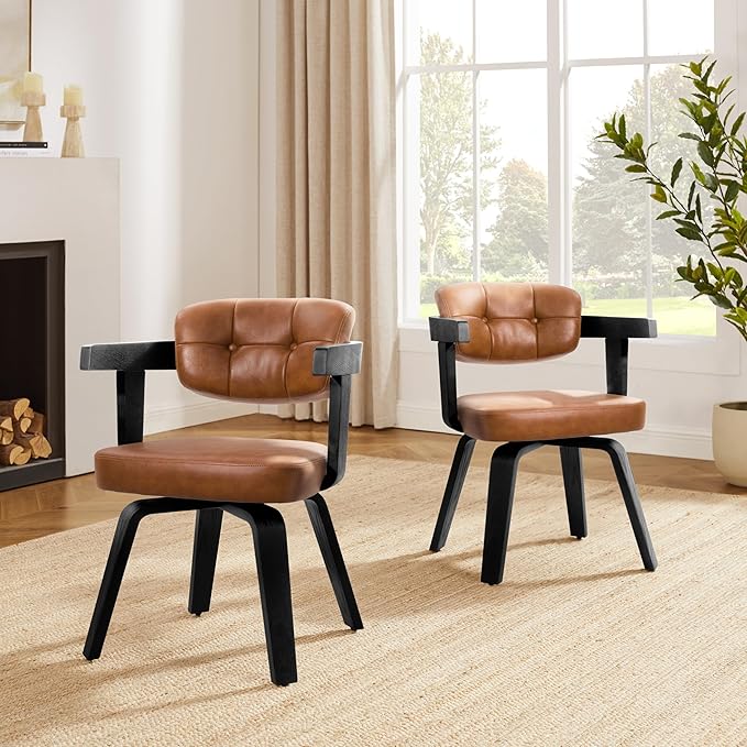 Art Leon Modern Dining Chairs - Set of 2 Mid Century Dining Chairs Faux Leather Upholstered Swivel Dining Chair Comfy Desk Chair No Wheels Accent Arm Chairs for Kitchen Living Room Study Brown