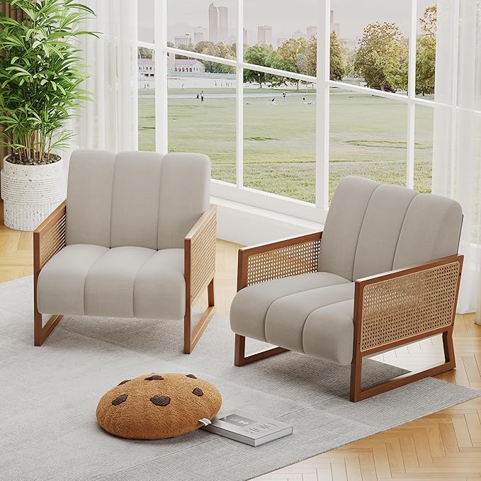 WENTMENT Mid Century Modern Accent Rattan Chair Set of 2 Natural Rattan Armchair with Solid Wood Frame Upholstered Living Room Chair Lounge Chair for Reception Room/Hosting Room/Bedroom (Grey)