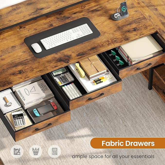 SEDETA 55 L Shaped Desk with Hutch Corner Computer Desk with Drawers &amp Shelves Reversible L Shaped Gaming Desk with Power Strip &amp LED Lights Monitor Stand Headphone Hook Rustic Brown