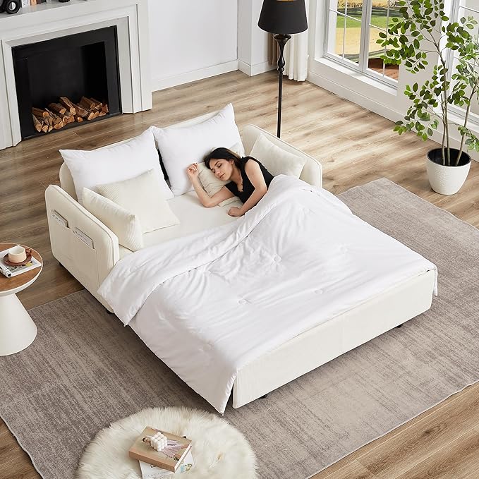 Ball &amp Cast 66 Convertible Sofa Bed3-in-1 Corduroy Loveseat Sleeper Pull Out Couch Bed with Pillows and Side Pockets Deep Seat Comfy Sofa Couches for Living RoomApartmentBeige