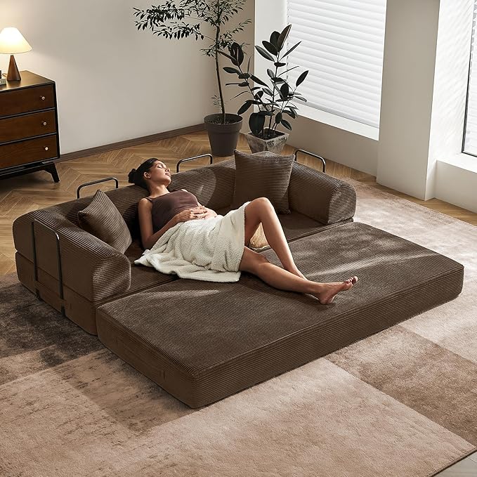 79 Modular Floor Sofa Convertible Sleeper Sofa with Reinforced Steel Frame Wrinkle-Resistant Corduroy Space Saving Design for Studio &amp Game Room (Brown)