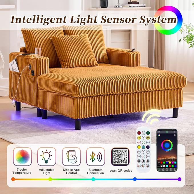 SLEERWAY Modern Corduroy Chaise Lounge Sofa Indoor- 55.9 Comfy Oversized Couch Bed with USB Ports Cup Holder Side Pocket Lights 3 Throw Pillows Lazy Recliner Chairs Living Room (Yellow)