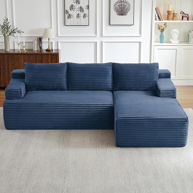 Modern Corduroy Modular Sectional Sofa96.1 Minimalist Style L-Shaped 3 Seat Couch with Side Storage PocketsComfortable Chaise Lounge for Living RoomReception AreaBlue Right Chaise Lounge