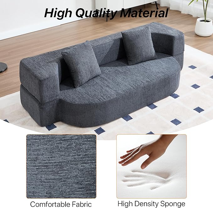 Folding Sofa Bed Convertible Futon Sleeper Bed 2-in-1 Foldable Floor Mattress with 2 Pillows Breathable High-Density Foam Lazy Couch Comfy Lounge Chair Twin Size Dark Gray