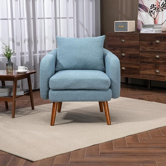 Mid Century Lounge Armchair with Boucle Fabric Solid Wood Legs and Comfortable Cushions Ideal for Bedroom and Living Room Reading and Relaxing (Light Blue)