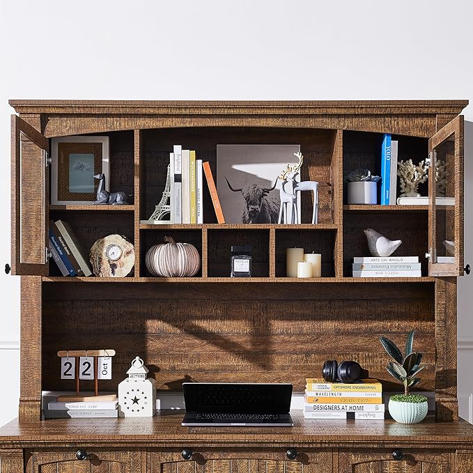 OKD Farmhouse Hutch for 60 Executive Desk Office Desk Storage Cabinet with Glass Doors and Shelves Top Hutch Organizer for Home Office - Reclaimed Barnwood