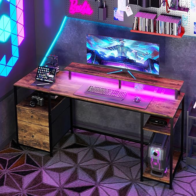 61 Computer Desk with LED Lights Power Outlets and USB Ports Gaming Desk with Storage Shelves Monitor Stand Fabric Drawers Remote for Home Office Study Rustic Brown