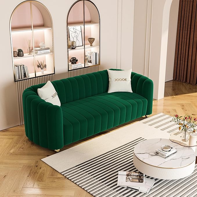 Modern Green Velvet Couch for Living Room 83.46 Curved Sofa with Gold Metal Sphere Legs 3 Seater Cute Couch (Velvet Green)