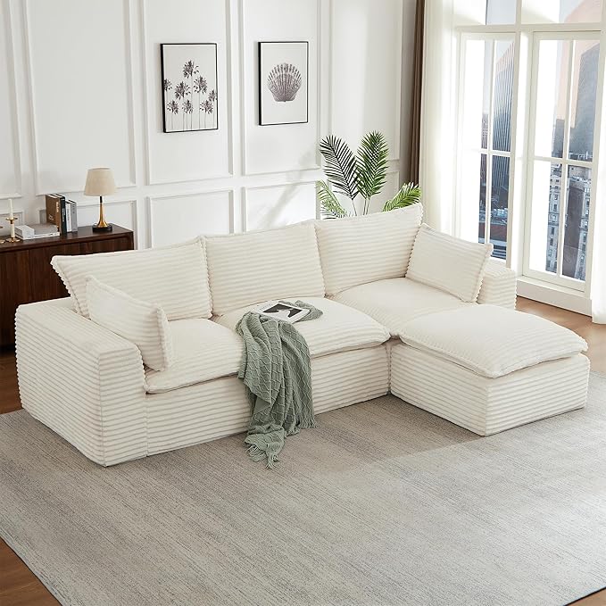 Modern L Shape Boneless Couch 109.4 Modular Sectional Sofa with Ottoman Comfy Corduroy Cloud Sofa with Deep Seat &amp Double-Layer Cushion Convertible 4 Seater Sleeper Couches for Living Room Wh