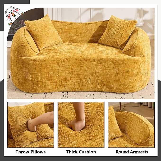 67 Curved Loveseat Sofa with 2 Pillows Modern Boneless Couch in a Box Small Cloud Loveseat for Bedroom Small Space Apartment Living Room Memory Foam Chenille No Assembly (Yellow)