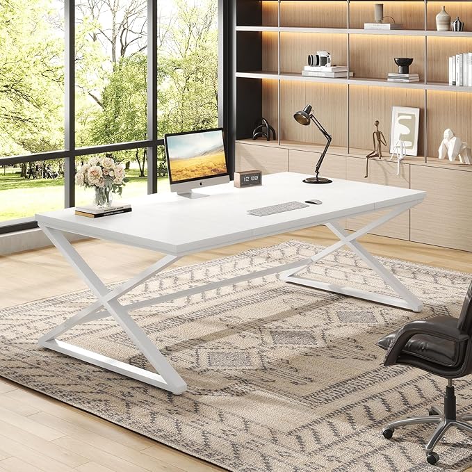 IBF Long White Computer Desk Modern Simple Large Home Office Desk Wood Metal Work Study Writing Table for 2 Monitors Double Pc Gaming Executive Workstation in Bedroom Living Room White Oak70 in