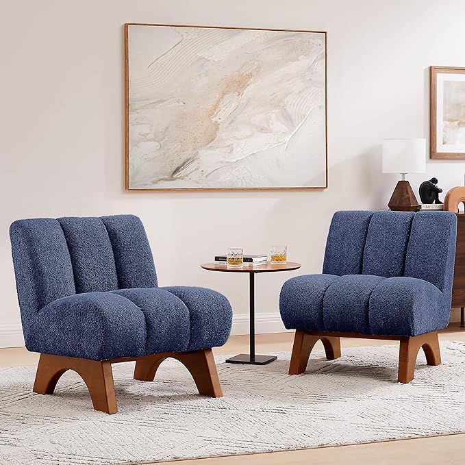 Art Leon Modern Accent Chairs Sherpa Fabric Modular Single Sofa Chairs Armless Chairs with Wooden Legs for Living Room Bedroom Set of 2 Blue