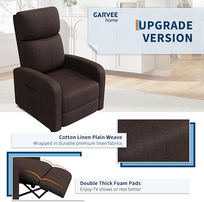 Premium Linen Manual Recliner Chair - High Backrest &amp Thick Cushion for Superior Comfort Adjustable Push Back Recliner with Side Pocket Gray Lounge Chair for Living Room &amp Bedroom