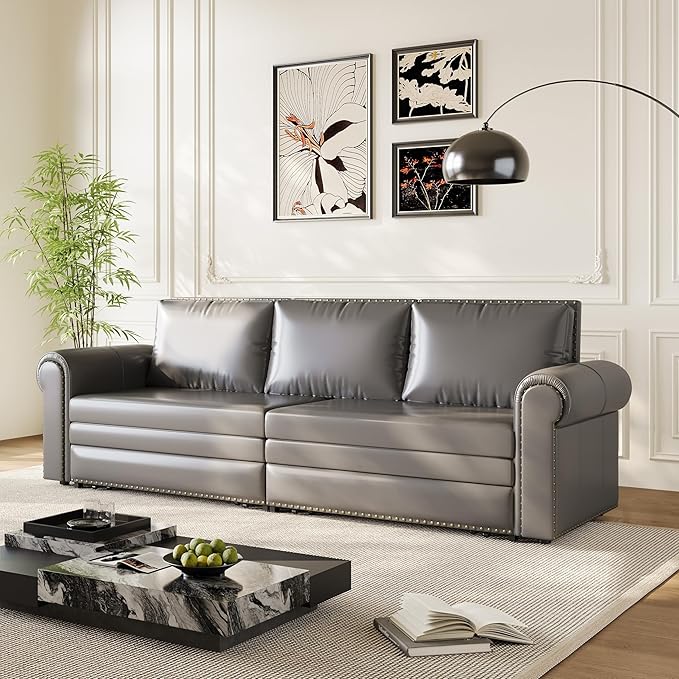 healthomse 93.7 King Size Pull Out Sofa Bed 3-in-1 Faux Leather Convertible Sleeper Sofa with Ultra Rolled Armrests Tufted Modern Sofa with 3 Pillows for Bedroom Living Room Apartment