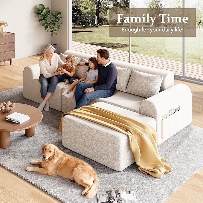 105.5” Cloud Boneless Sectional Sofa for Living Room L-Shaped 4-Seater Modular Couch with Ottoman &amp 4 Pillows Deep Seat Chenille Fabric Sofa No Assembly 72H Full Restore Beige