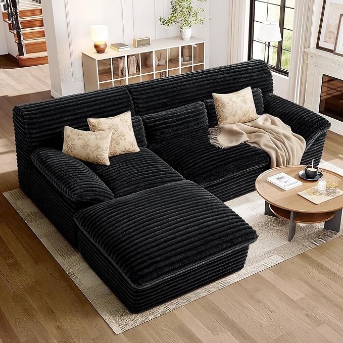 Pamapic 3-Seat L-Shaped Modular Sectional SofaBoneless Cloud Couch with Double-Layer Deep Seat Comfy Corduroy Fabric 72h ReboundBlack