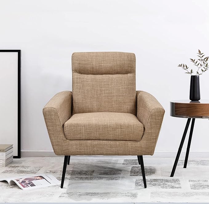 Mid Century Modern Upholstered Fabric Accent Chair Living Room Bedroom Leisure Single Sofa Chair (with Metal Legs) TV armrest seat Suitable for Small Space Home Office Coffee ChairLight Brown