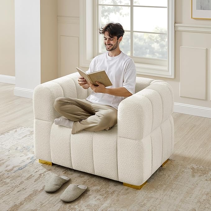 VANOMi Sofa and Chair Set Modern Deep Seat Couch &amp Boucle Sofa Chairs Oversized Upholstered Couch Sets for Living Room Bedroom Office Apartment White (2 Pieces)