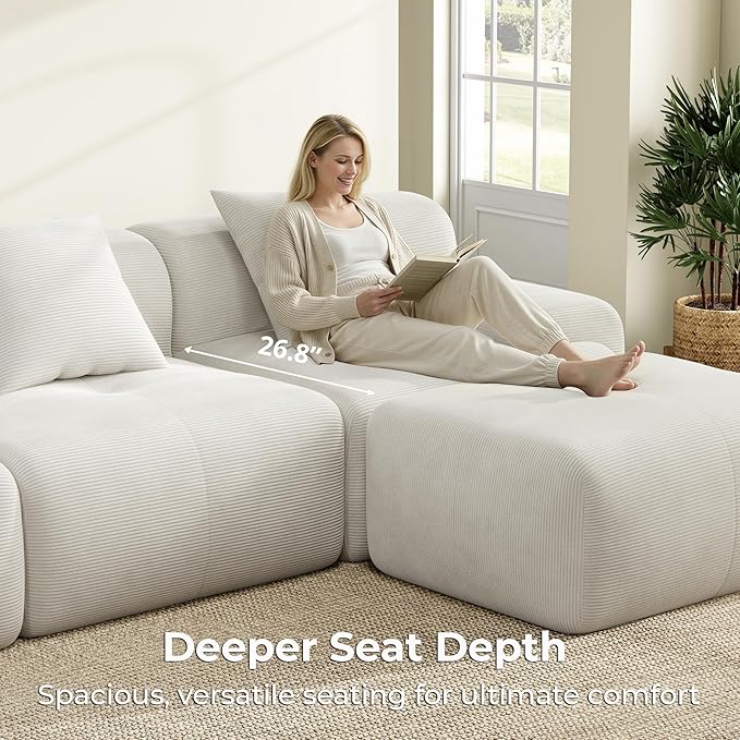 LIKIMIO 118 Modular Sectional Sofa with Ottoman L-Shaped Boneless Couch with Deep Seat for Living Room No Assembly Required Corduroy Upholstery Beige