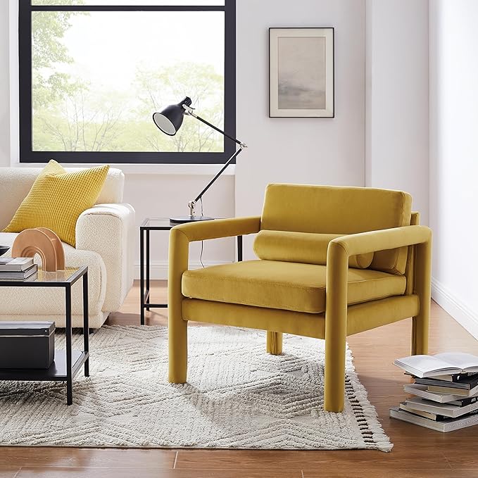 Art Leon Modern Accent Chair Velvet Upholstered Arm Chair with Pillow Single Sofa Chair for Living Room Bedroom Yellow
