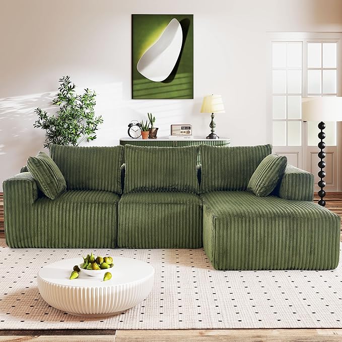 WorthFurni Cloud Modular Sofa Couch with L-Shape ChaiseModern Sectional with Deep Seat Upholstered Couches for Living Room BedroomNo Assembly Required Plush Corduroy Fabric 102(Green)