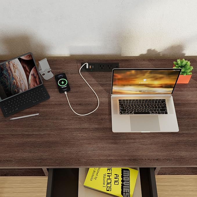 kevinplus Modern Mid-Century Desk with Drawer 46.8'' with Fast Charge USB Port &amp Power Outlet Study PC Computer Writing Desk with Type-C Ports Charging Station Home Office Desk Walnut &amp Dar