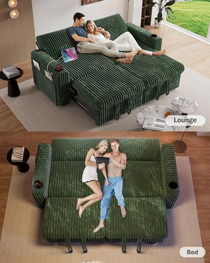 Sunny Heart 91 Plush Corduroy L Shaped Sectional Sleeper Sofa Bed with Pull Out Bed Reclining Backrest Reversible Storage Chaise USB Ports Cup Holders Tool Free AssemblyForest Green