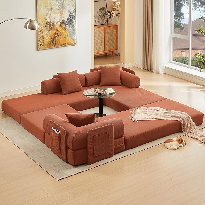 L Shaped Convertible Modular Sofa Bed with Cylindrical Pillow &amp Reversible Chaise Corduroy Folding Floor Sofa Couch Bed with Fixed-Shape Frame &amp Storage Pocket for Living Room Orange