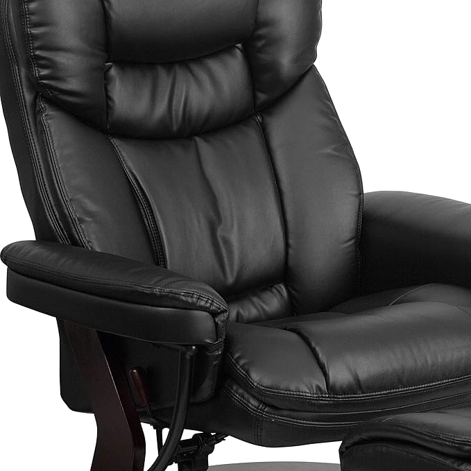 Flash Furniture Allie LeatherSoft Upholstered Recliner with Footrest Arms and Headrest Padded Swivel Recliner Chair and Ottoman Set Black