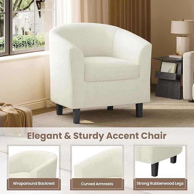 Topeakmart Corduroy Club Chair Modern Accent Chair and Cozy Barrel Chair with Sturdy Wood Legs for Living Room Bedroom Reception Room Beige