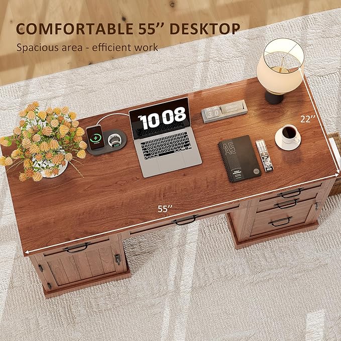 Whalefall 55'' Farmhouse Desk Home Office with Drawers Executive Computer Desk Wooden with File Cabinet and Charging Station Cherry Brown