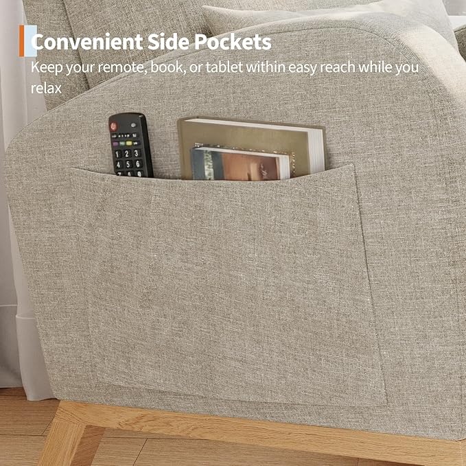 GarveeHome Linen Rocking Chair Modern Nursery Glider Chair with Side Pockets and Pillow Rocker Chair for Living Room Bedroom Nursing Room Grey