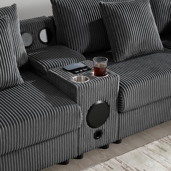 Sectional Sofa Corduroy Cloud Sofa with Bluetooth Speakers L-Shaped Couch with Console USB Charger Cup Holders Storage 6 Seats Deep and Wide Seat Couch for Living Room (Dark Grey)