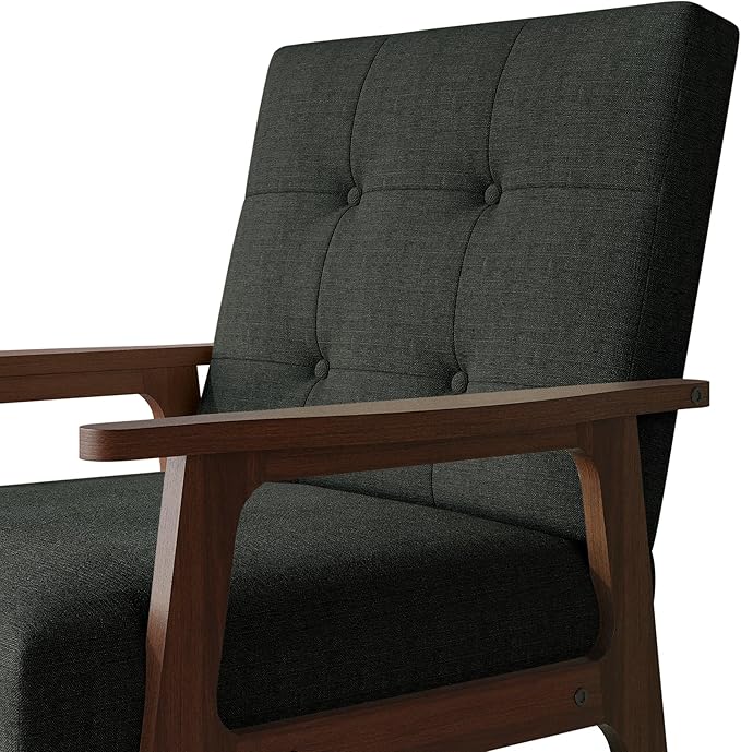 Accent Chair with Button-Tufted Linen Upholstery Wooden Armrests Cushioned Seat Easy Assembly Charcoal Grey