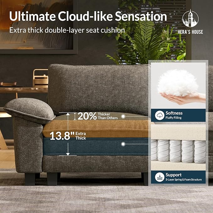 HERA'S HOUSE 124 Modular Sectional Sofa Oversized L Shaped Couches for Living Room Comfy Cloud Couch with Ottoman 4-Seater Deep Seat Sofa with Throw Pillow Chenille Ash