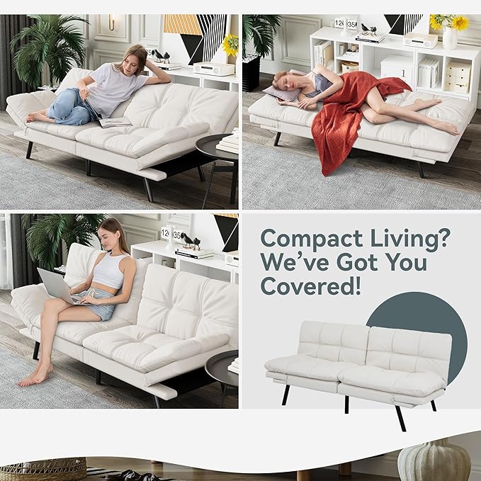 Futon Sofa Bed Convertible Couch White Faux Leather Sofa Bed with Memory Foam Adjustable Backrest &amp Armrests Multifunctional Small Loveseat Sleeper Sofa for Living Room Apartment Office