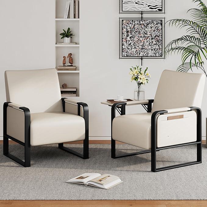 Andeworld Modern Accent Chair Mid Century Living Room Armchair Upholstered Faux Leather Sofa Side Chair with Side Table for ReadingWorkingOfficeApartmentBeige
