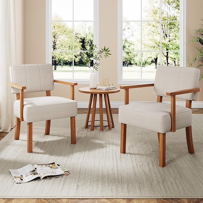 Garvee Mid-Century Accent Chair with Wood Frame. Linen Fabric Upholstered Lounge Armchair with Classic Vertical Stripe. Reading Leisure Chair for Living Room Bedroom Balcony Beige