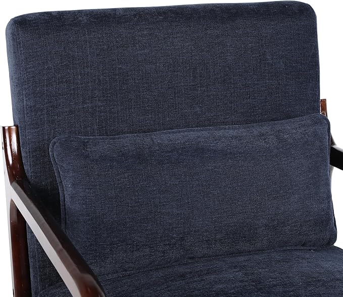 Mid Century Modern Accent Chair with Solid Wood Frame Comfy Reading Lounge Chair with Detachable Lumbar Pillow for Living Room Bedroom Office Vintage Small Wooden Armchair for Waiting Room (Blue)