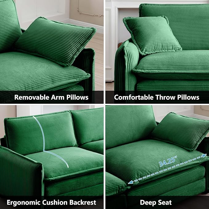 Aoowow 2 Pieces Modular Sectional Sofa Set of Loveseat CouchModern Corduroy Comfy Cloud Deep Seat Couches Set with 4 Throw Pillows and 4 Arm Pillows for Living Room Apartment(Green)