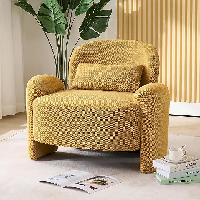LOULENS Oversized Accent Chair Modern Linen Fabric Lounge Armchair for Living Room Upholstered Comfy Reading Single Sofa Chair for Bedroom Waiting Room Corner Office Yellow
