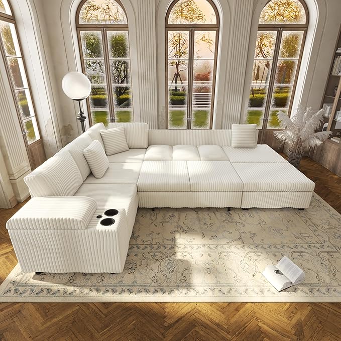KEIKI 110 L-Shaped Oversized Plush Corduroy Modular Sectional Sofa with Pull-Out Bed Convertible 6-Seater Sleeper Couch Bed with 1 Ottomans &amp USB &amp Cup Holders Easy Assembly for Living Roo