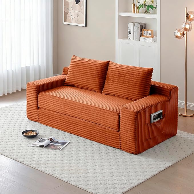 73 Convertible Sofa Bed 2 in 1 Corduroy Folding Couch with Pillows No Assembly Boneless Compression Sofa in Box Loveseat with Side Storage Pocket for Apartment Living Room Orange