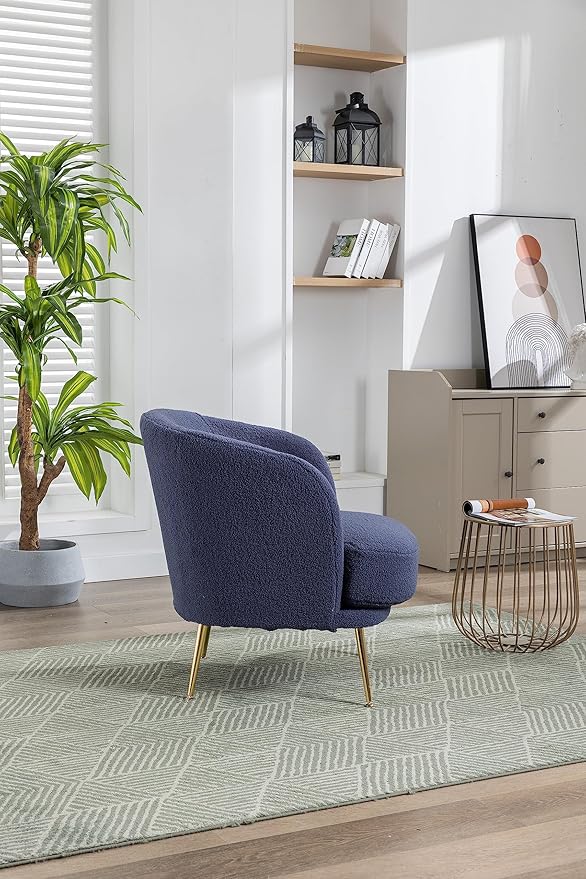 30.32 W Accent Chair Upholstered Curved Backrest Reading Chair Single Sofa Leisure Club Chair with Golden Adjustable Legs for Living Room Bedroom Dorm Room (Navy Boucle)