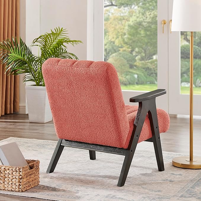 Roundhill Furniture Rella Modern Teddy Sherpa Accent Chair with Espresso Wood Frame Coral
