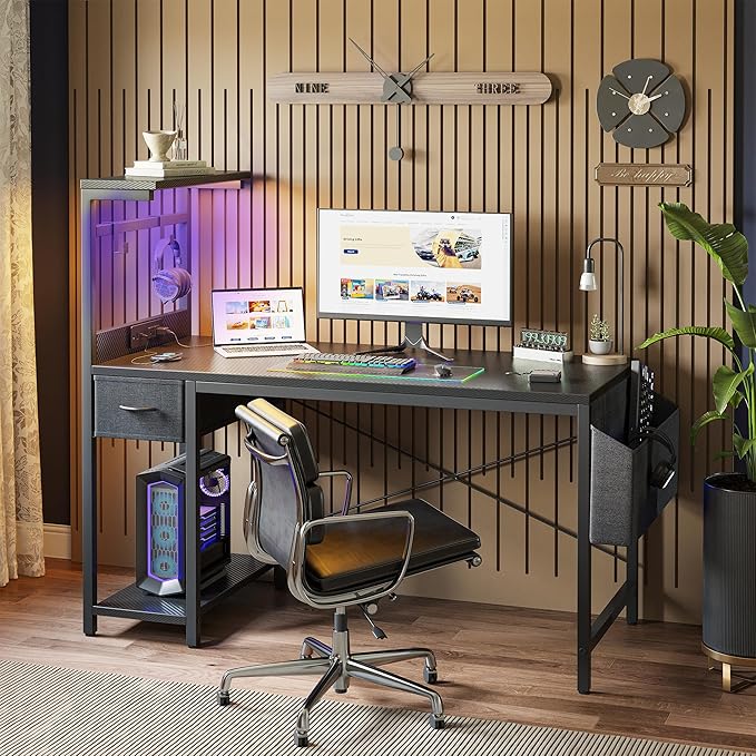 TIQLAB Gaming Desk 40 inch with Power Outlet and LED Light Computer Desk with Reversible Shelves and Storage Drawer Small PC Desk for Home Office Table with Bag Carbon Fiber Black
