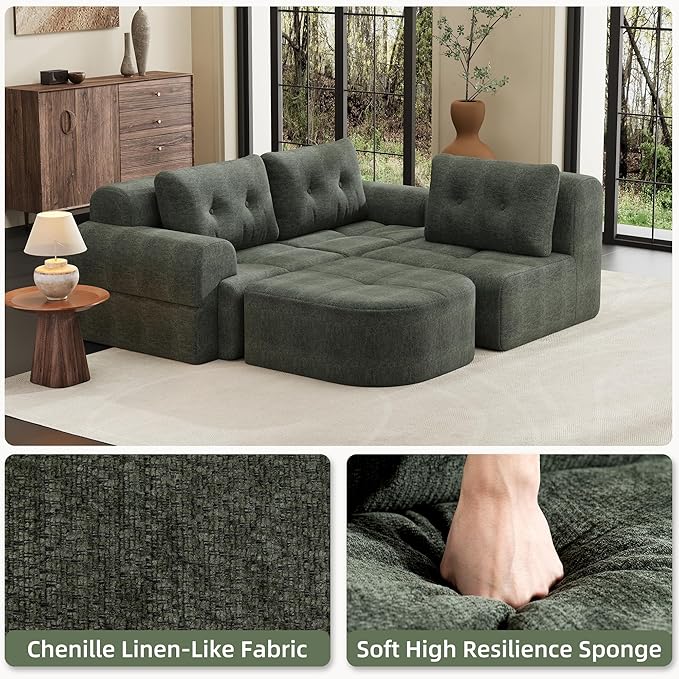 Boneless L-Shaped Modular Couch - 110 Inch Cloud Chenille Compression Sectional SofaNo Assembly Required Ideal for Apartments &amp Living RoomsBlackish Green