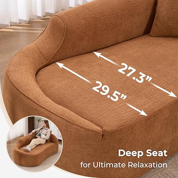 68 Curved Loveseat Sofa Modern Chenille Floor Couch with Pillow No Assembly Deep Seat Chaise Lounge for Bedroom Apartment Living Room Caramel