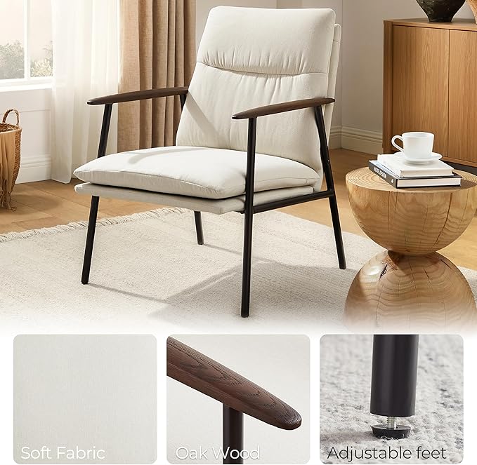 Zouron Upholstered Accent Chair with Metal Frame Modern Living Room Reading Chair with Wooden Armrests and Cushion Back Beige